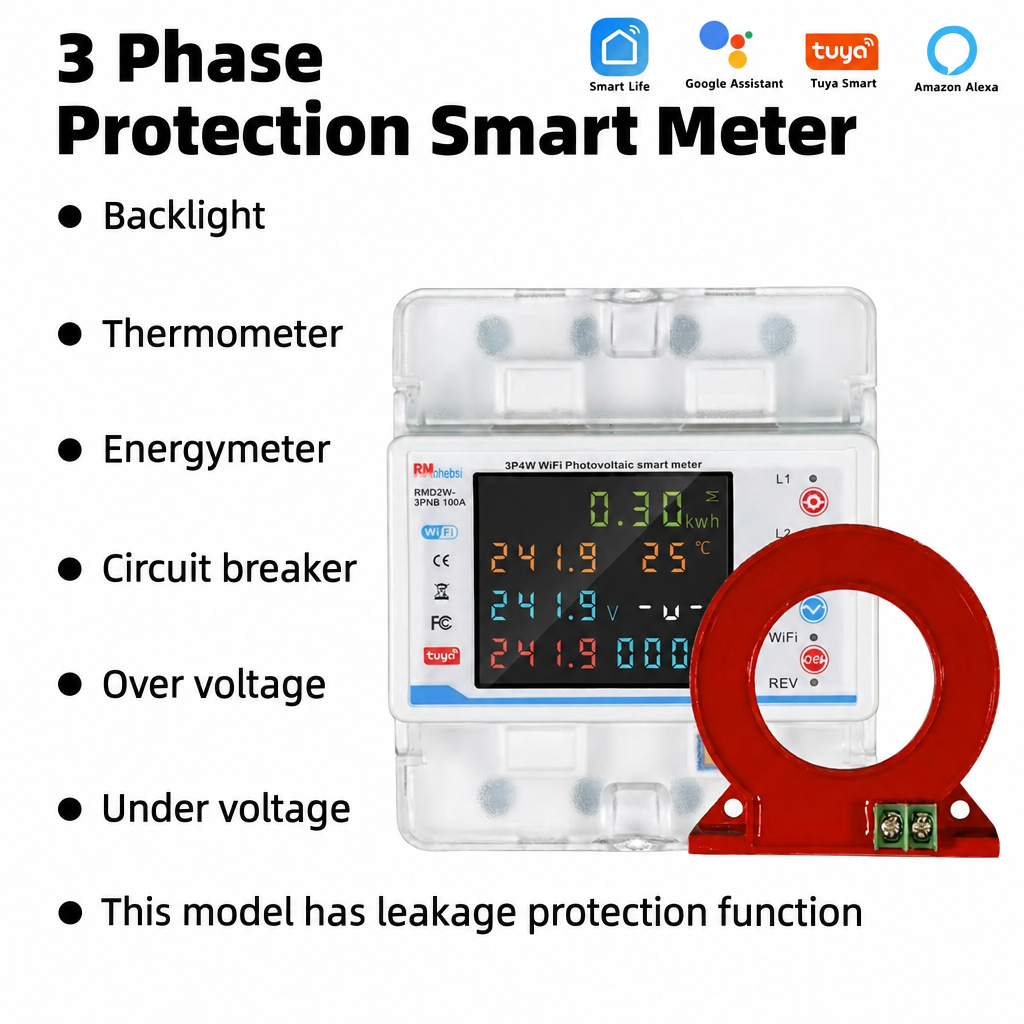3 Phase Protection Smart Meter image with white background and black text