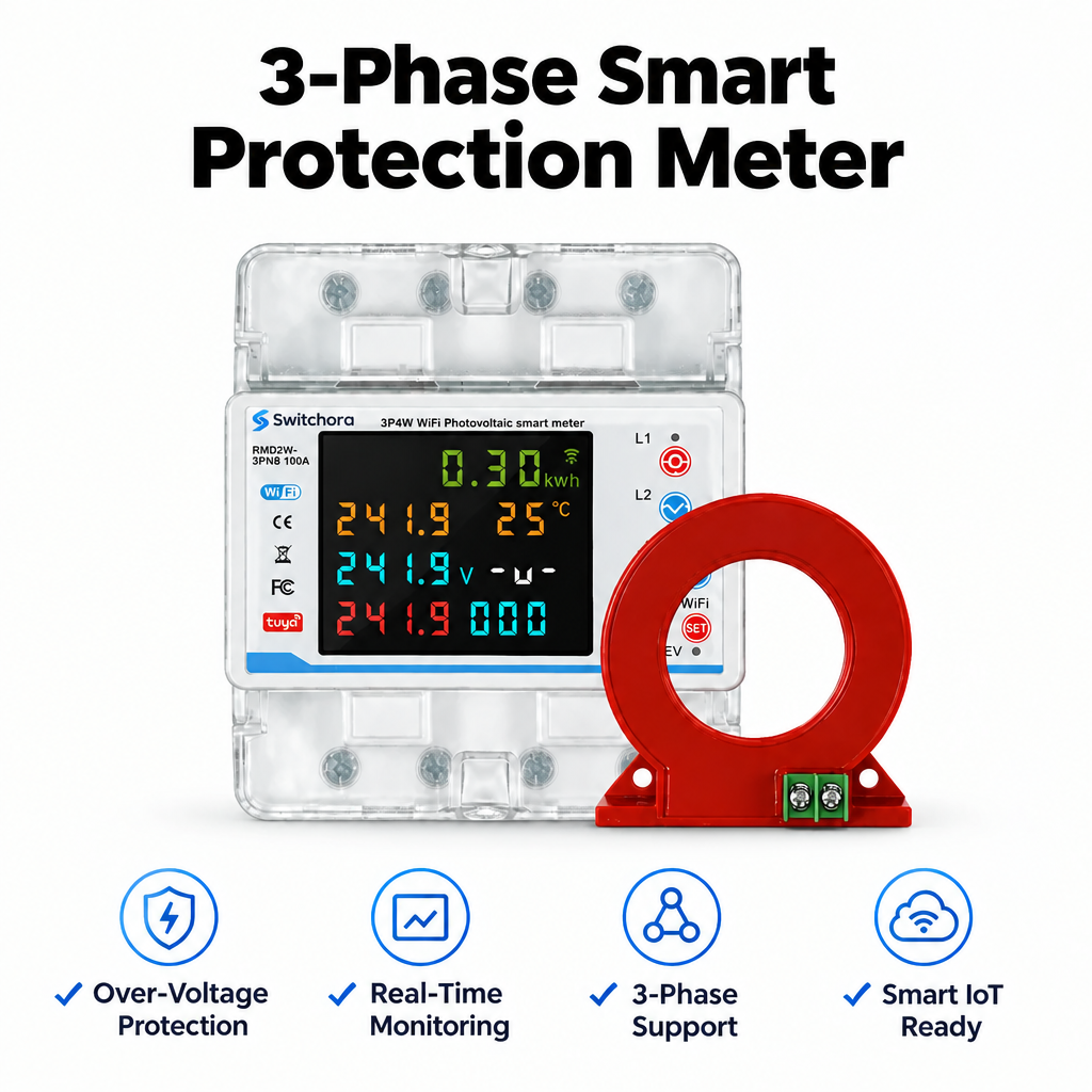 Switchora Smart WiFi Circuit Meter 4P 3 Phase 100A – Bidirectional Metering, Solar Ready, Tuya App