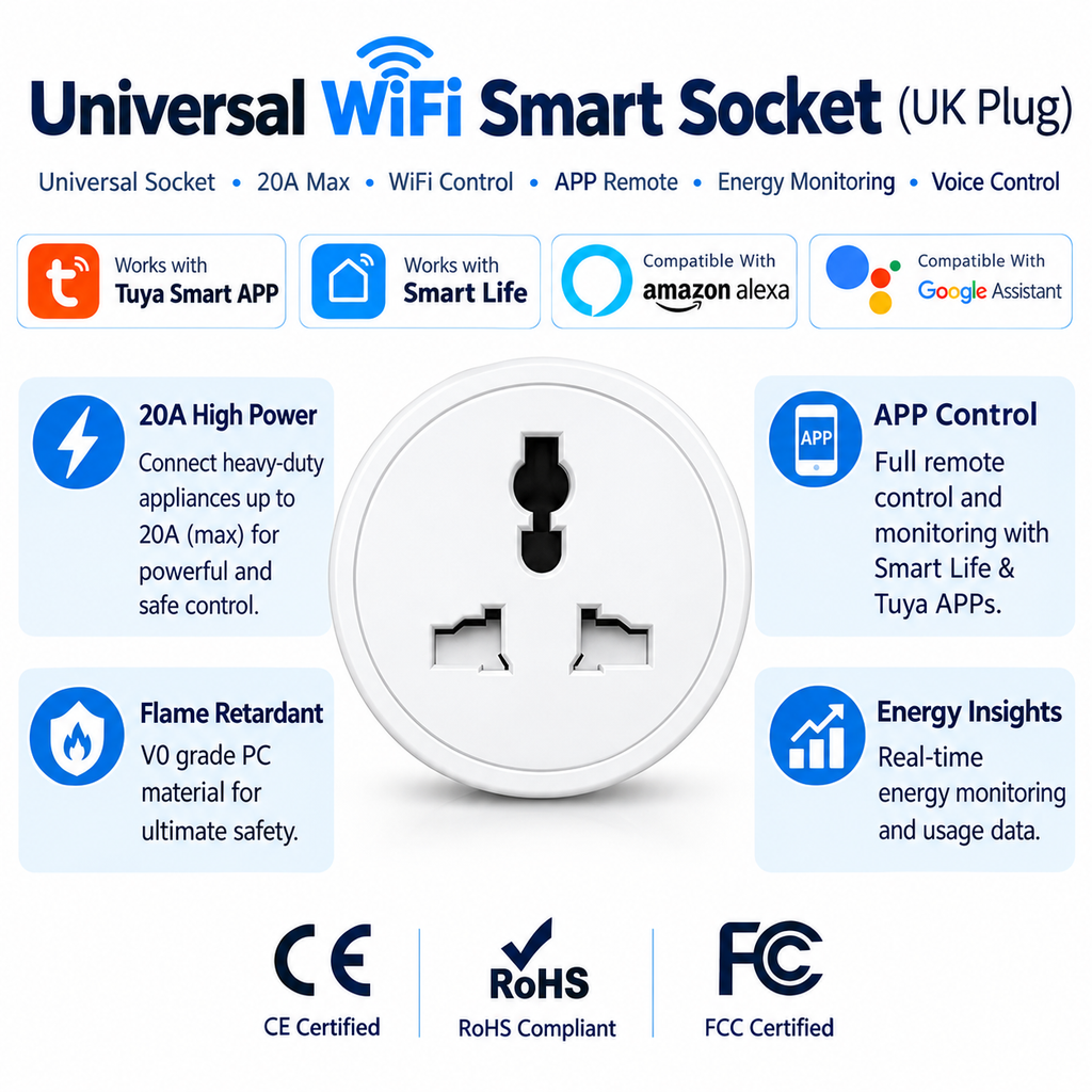 Switchora Smart Wi-fi 20A Universal Plug 3 Pin, Real-Time Power Monitoring