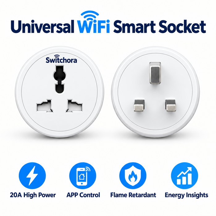 Switchora Smart Wi-fi 20A Universal Plug 3 Pin, Real-Time Power Monitoring