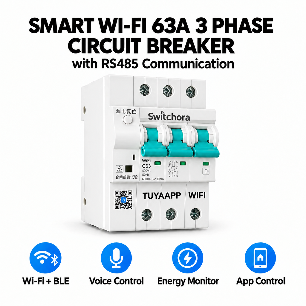 Switchora Smart WiFi Circuit Breaker 3 Phase 63A – MCB DIN Rail, Remote Control, Tuya Smart Life