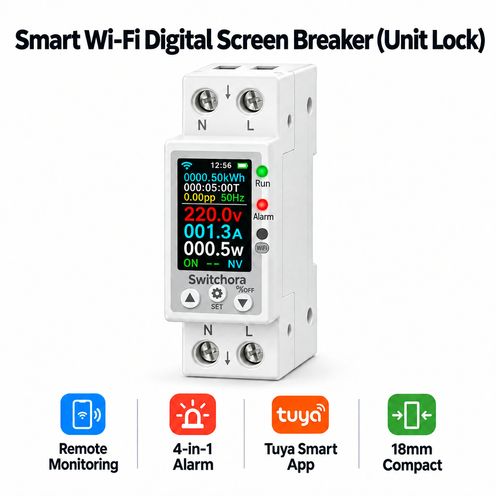 Switchora Smart WiFi Meter Rail 1P 63A – Unit Lock, Digital Display, Remote Control via Tuya