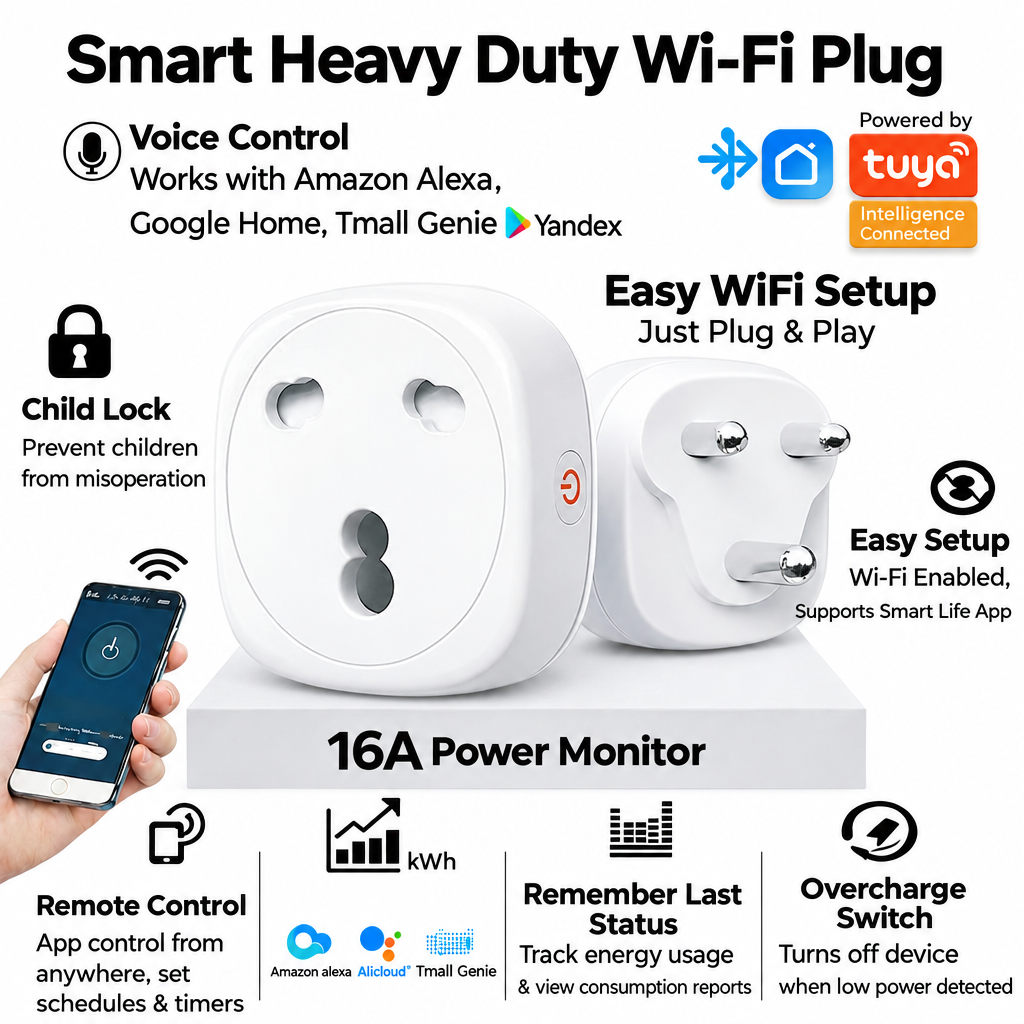 Smart plug graphic with white background and black text