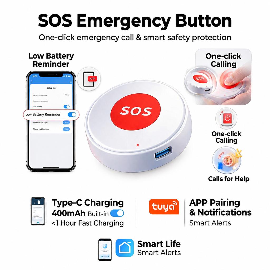 SOS Emergency Button graphic with white background and black text